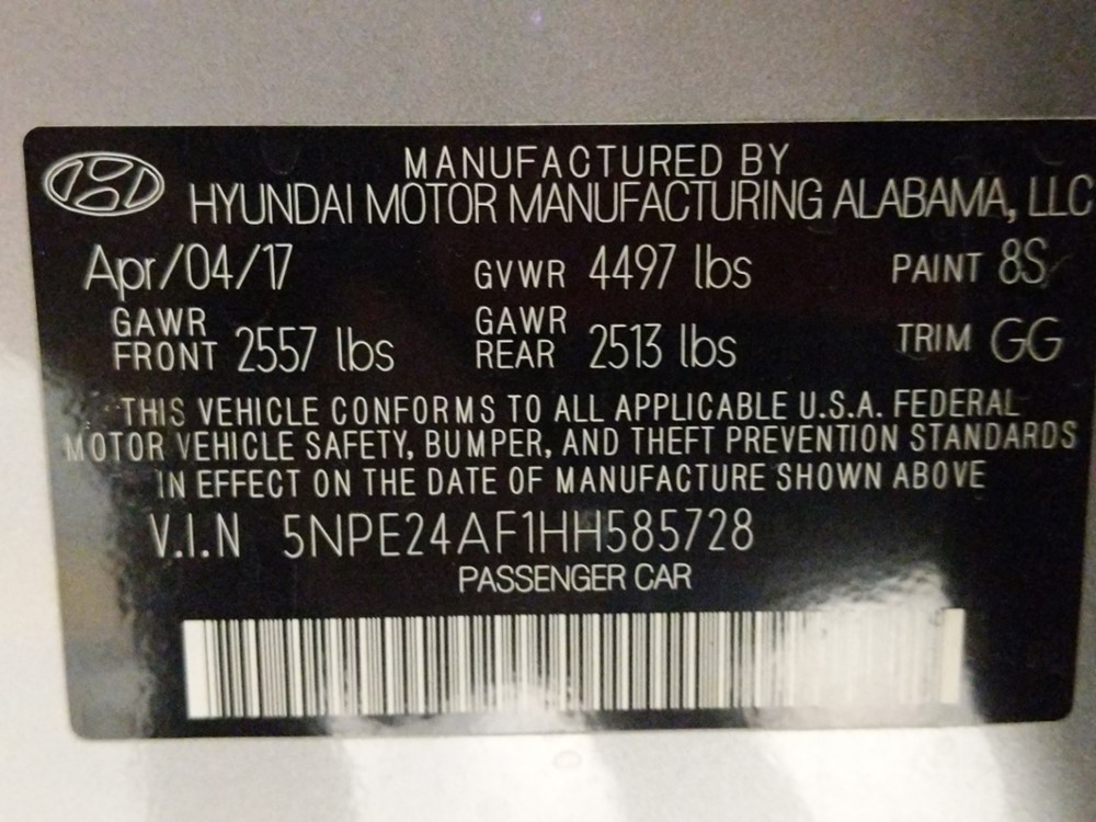 2017 Hyundai Sonata - VIN Plate