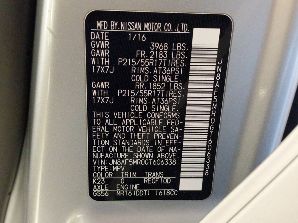 2016 Nissan JUKE - VIN Plate