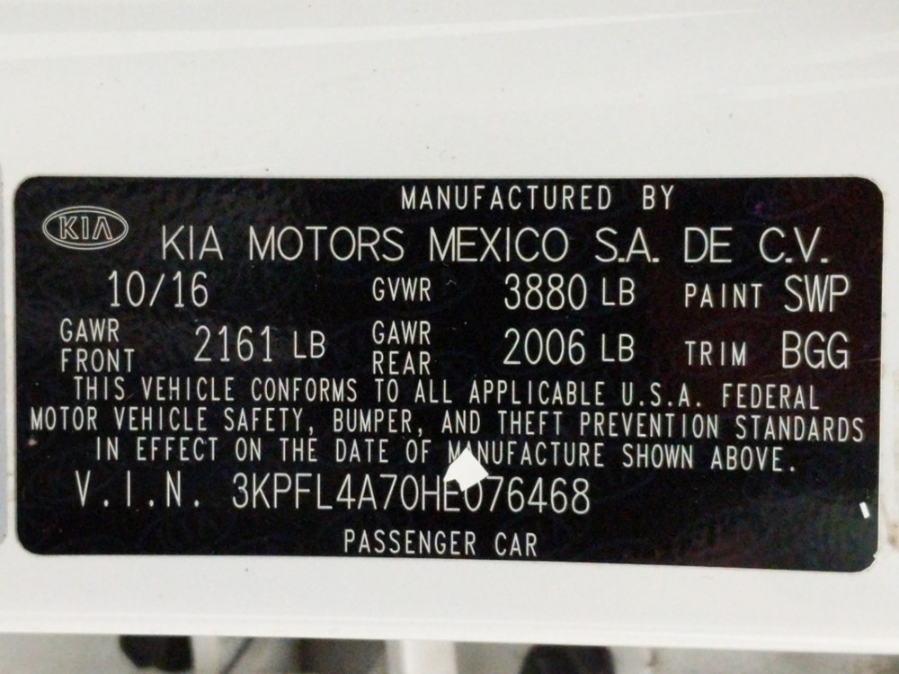 2017 Kia Forte - VIN Plate