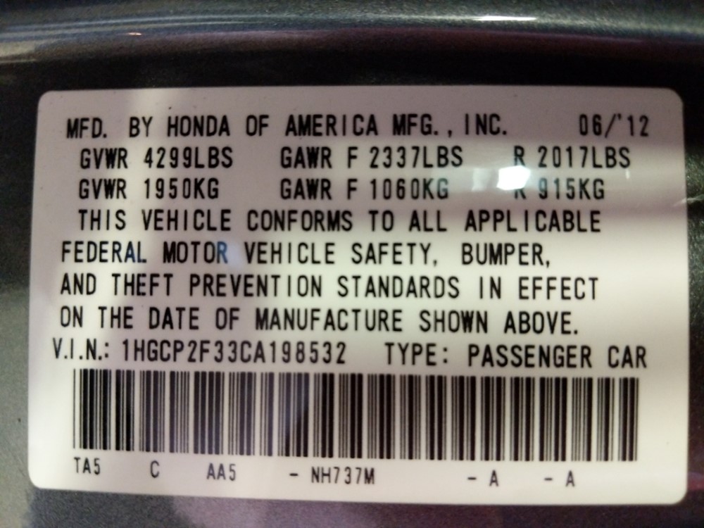 2012 Honda Accord - VIN Plate