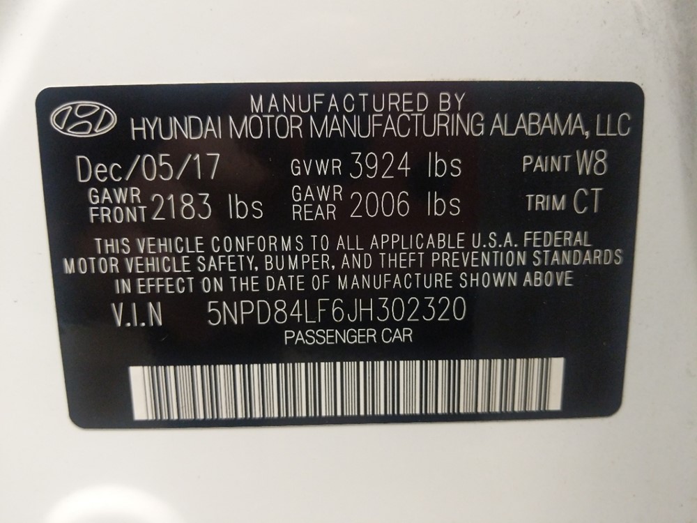 2018 Hyundai Elantra - VIN Plate