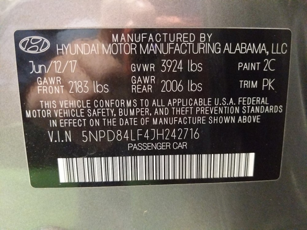 2018 Hyundai Elantra - VIN Plate