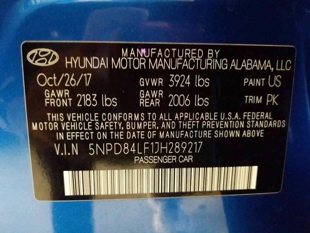 2018 Hyundai Elantra - VIN Plate