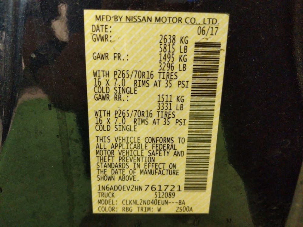 2017 Nissan Frontier - VIN Plate