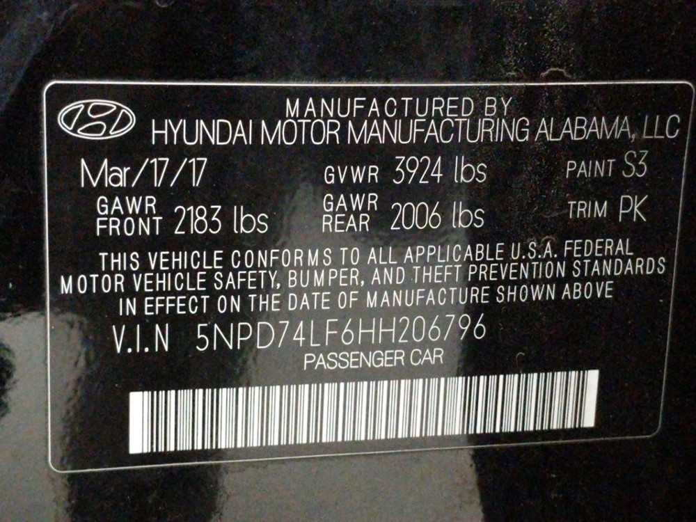 2017 Hyundai Elantra - VIN Plate