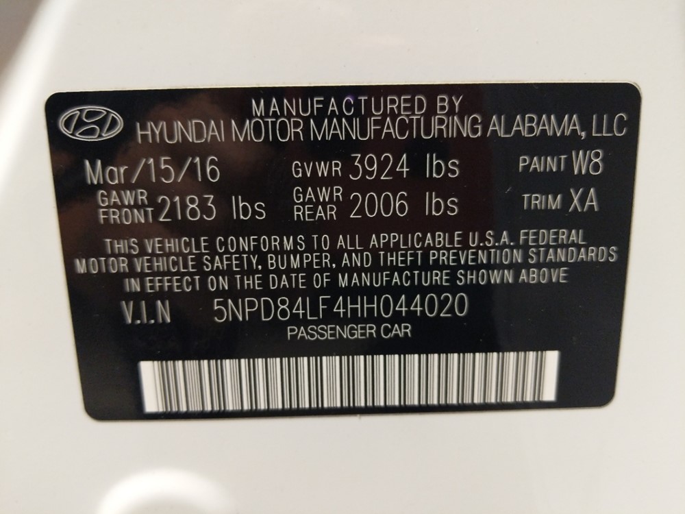 2017 Hyundai Elantra - VIN Plate