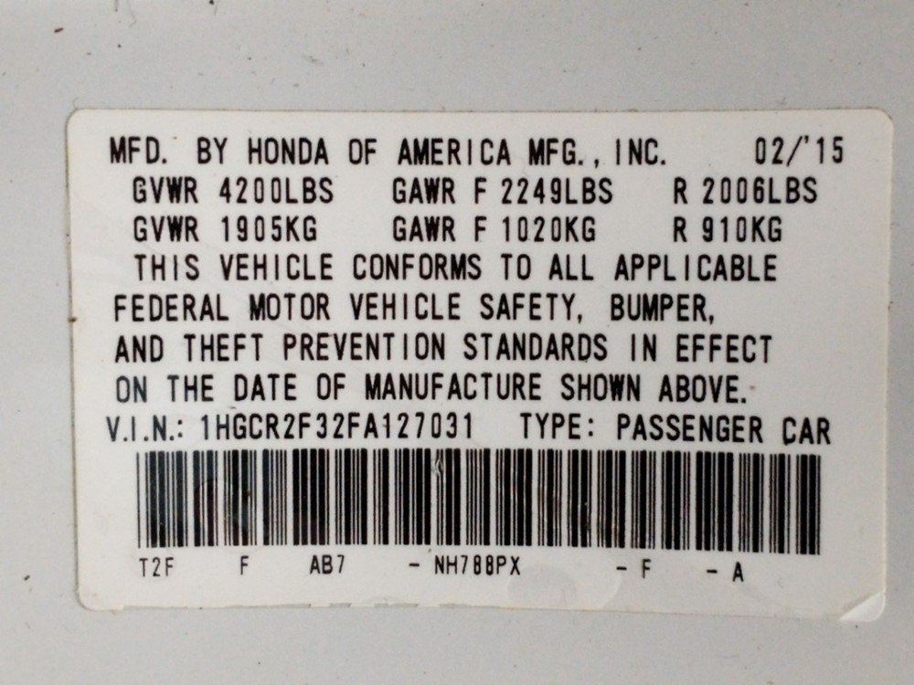 2015 Honda Accord - VIN Plate