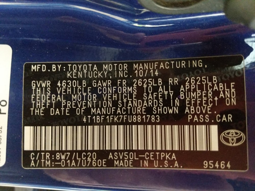 2015 Toyota Camry - VIN Plate