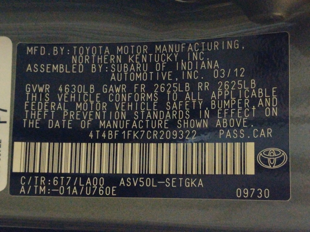 2012 Toyota Camry - VIN Plate