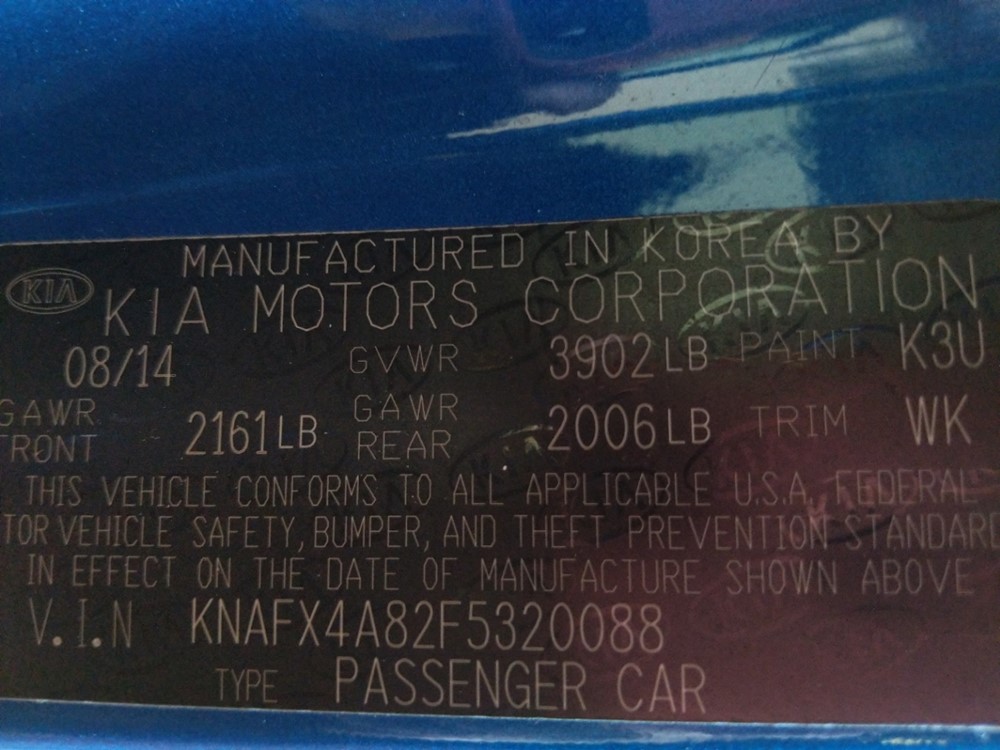 2015 Kia Forte - VIN Plate