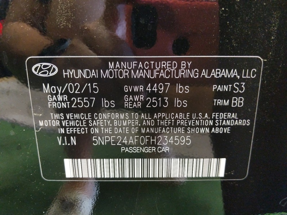 2015 Hyundai Sonata - VIN Plate