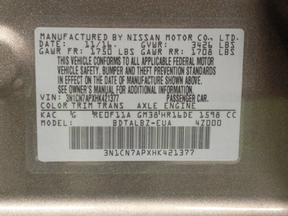 2017 Nissan Versa - VIN Plate