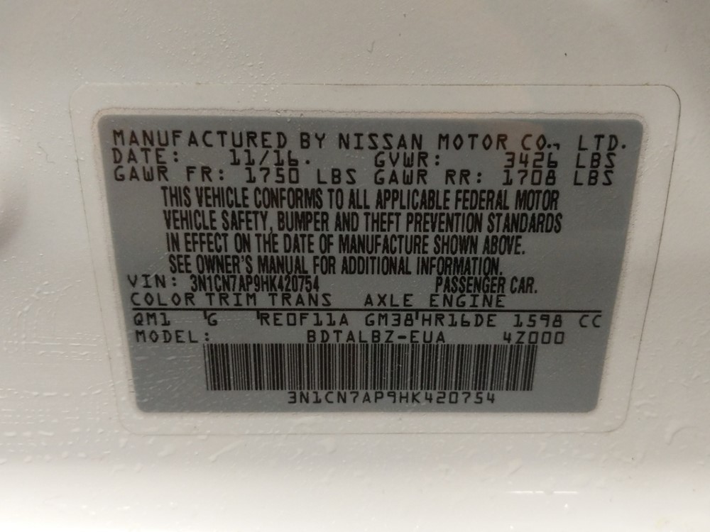 2017 Nissan Versa - VIN Plate
