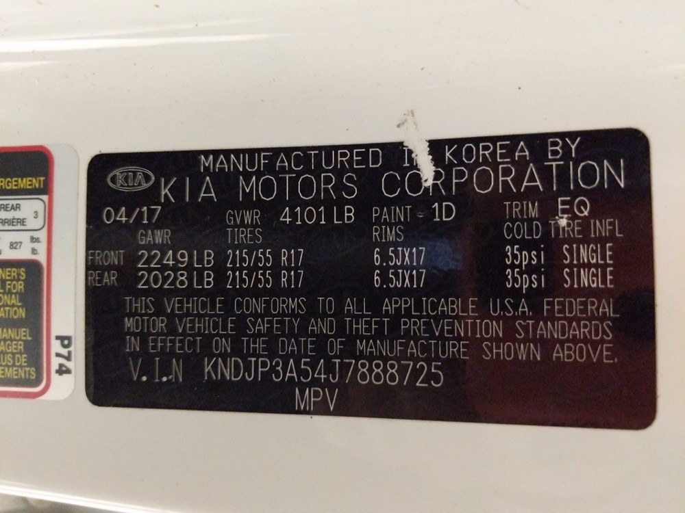 2018 Kia Soul - VIN Plate