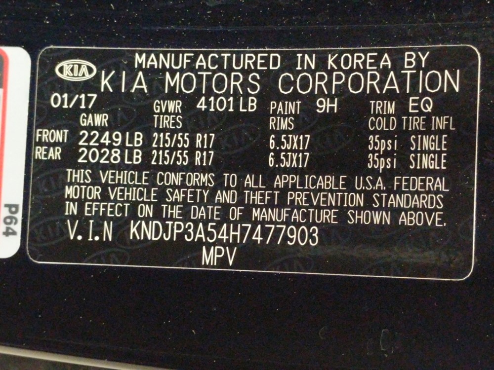 2017 Kia Soul - VIN Plate