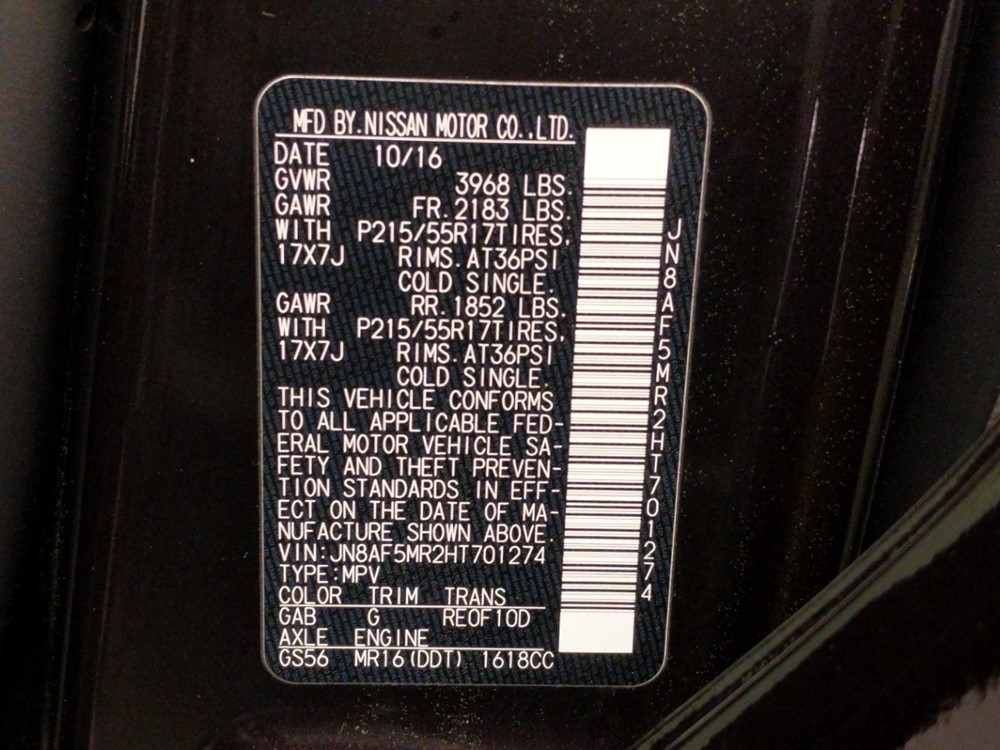 2017 Nissan JUKE - VIN Plate