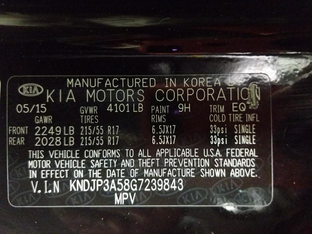 2016 Kia Soul - VIN Plate