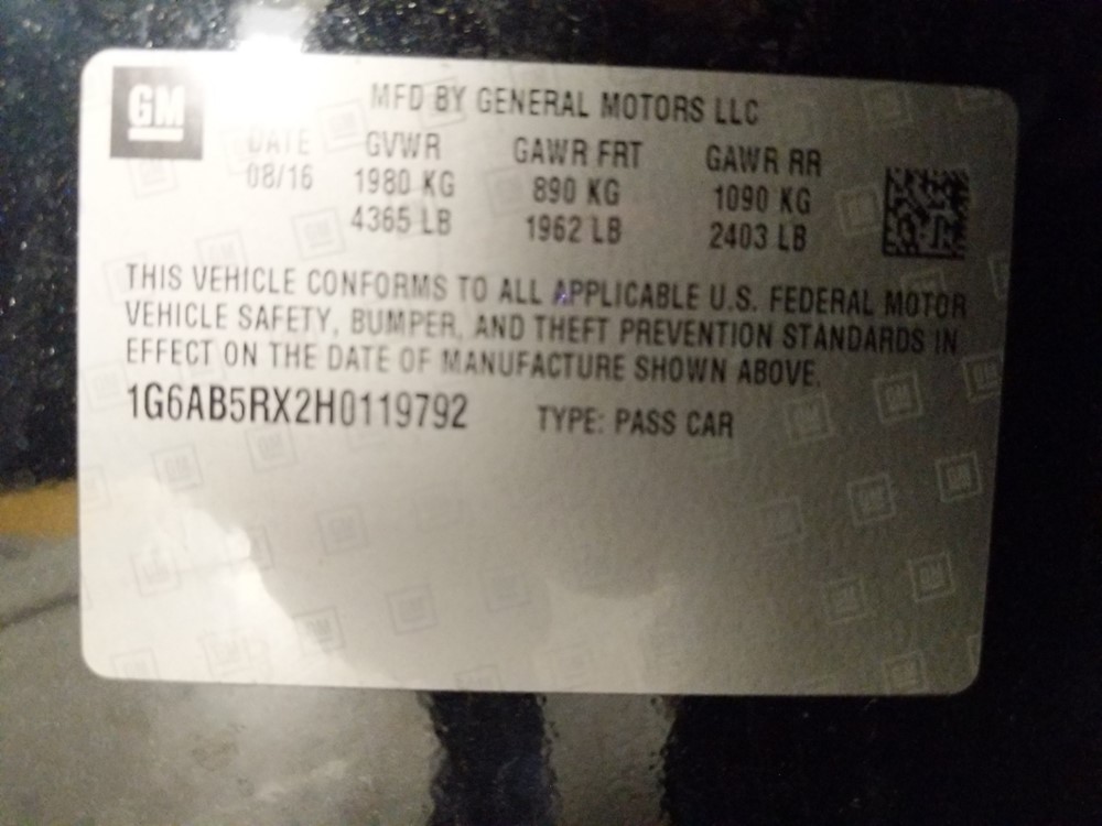 2017 Cadillac ATS - VIN Plate