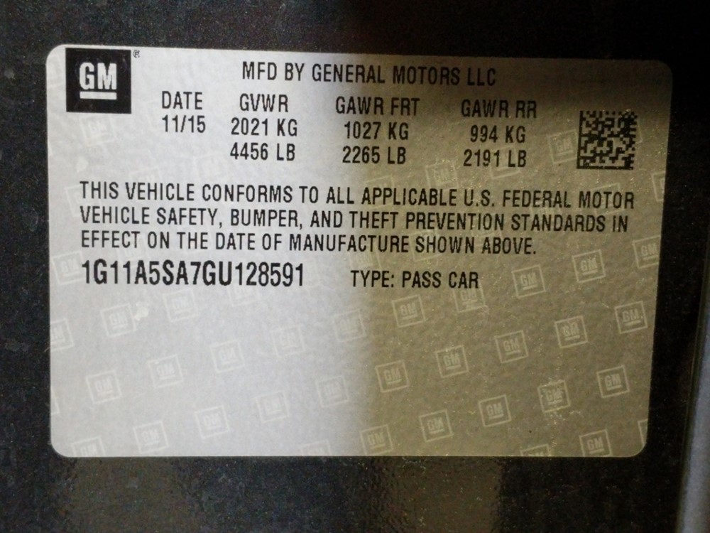 2016 Chevrolet Malibu - VIN Plate
