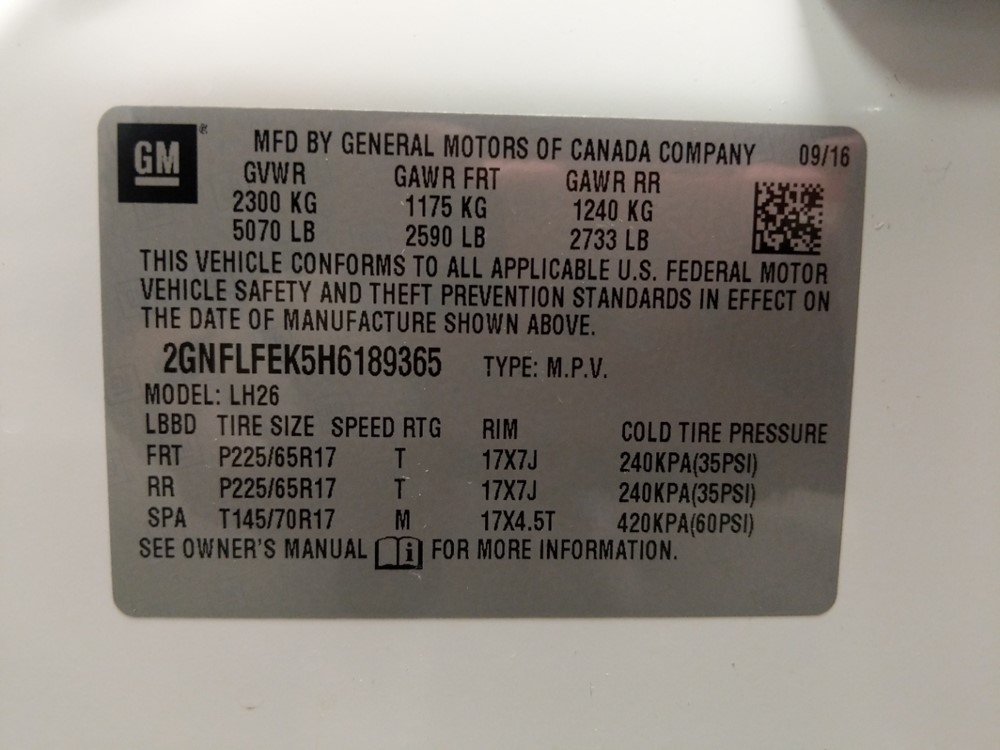 2017 Chevrolet Equinox - VIN Plate