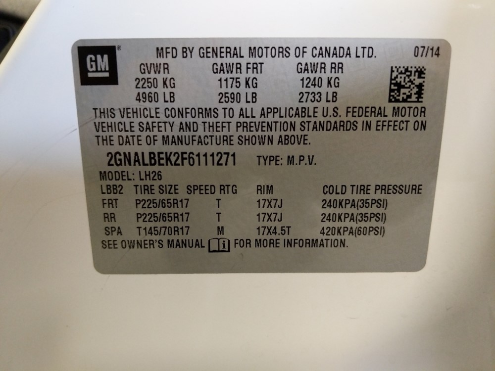 2015 Chevrolet Equinox - VIN Plate