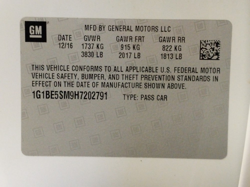 2017 Chevrolet Cruze - VIN Plate