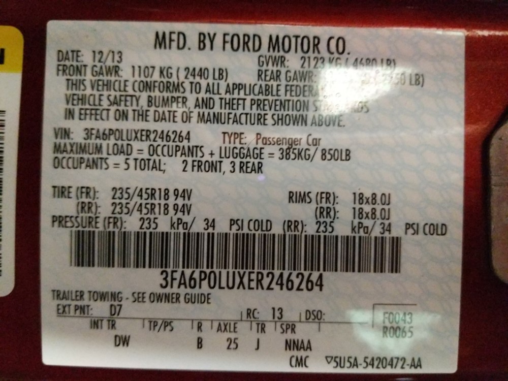 2014 Ford Fusion - VIN Plate