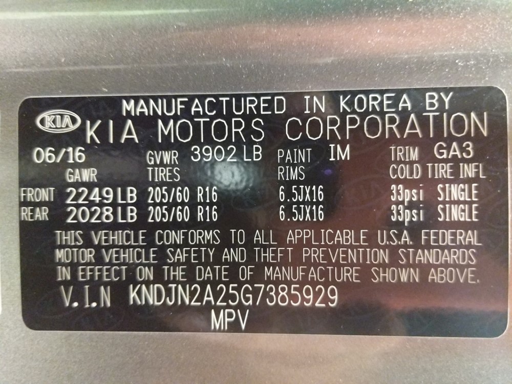 2016 Kia Soul - VIN Plate