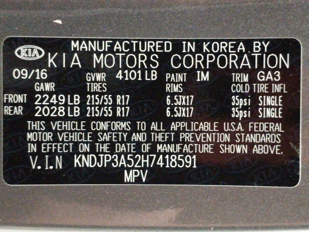 2017 Kia Soul - VIN Plate