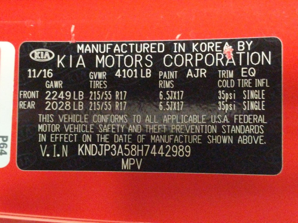 2017 Kia Soul - VIN Plate