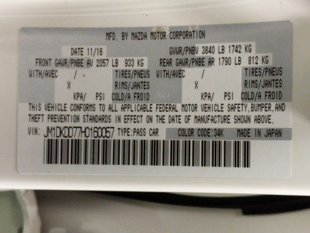 2017 Mazda CX-3 - VIN Plate