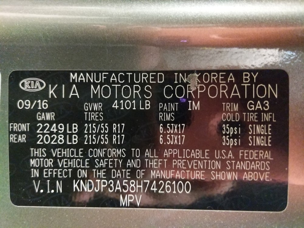 2017 Kia Soul - VIN Plate