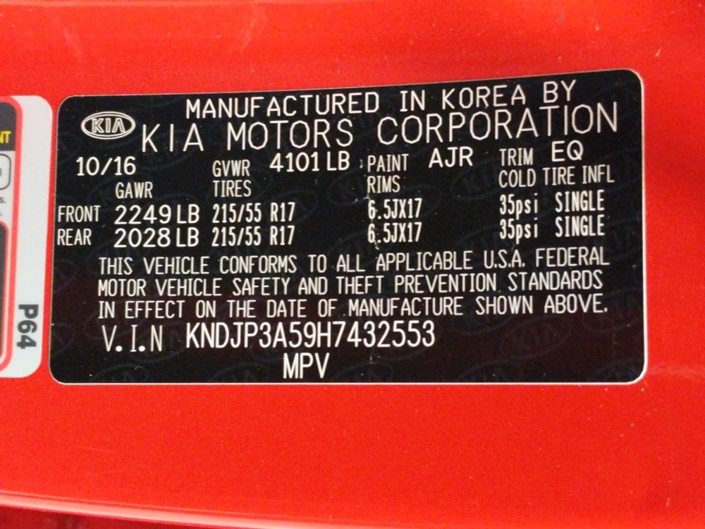 2017 Kia Soul - VIN Plate