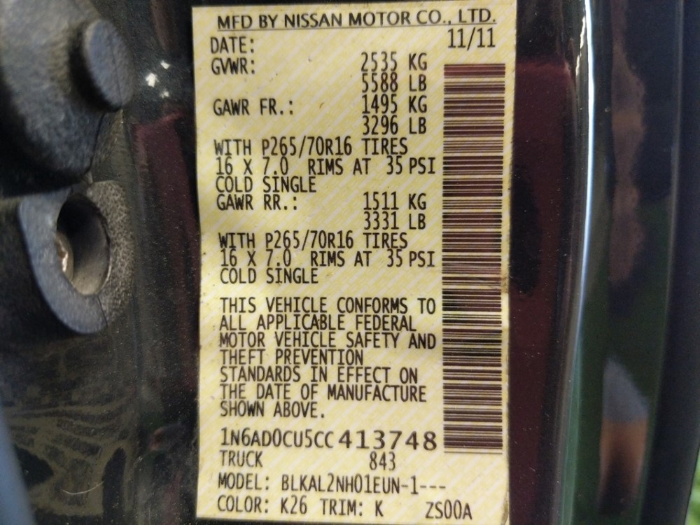 2012 Nissan Frontier - VIN Plate