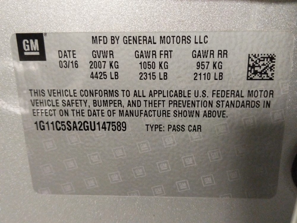 2016 Chevrolet Malibu - VIN Plate