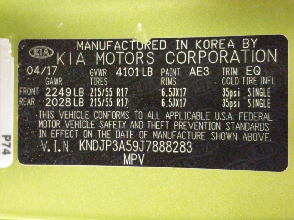2018 Kia Soul - VIN Plate