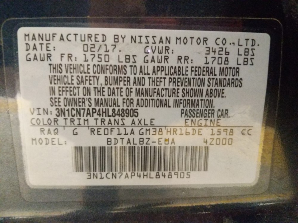 2017 Nissan Versa - VIN Plate