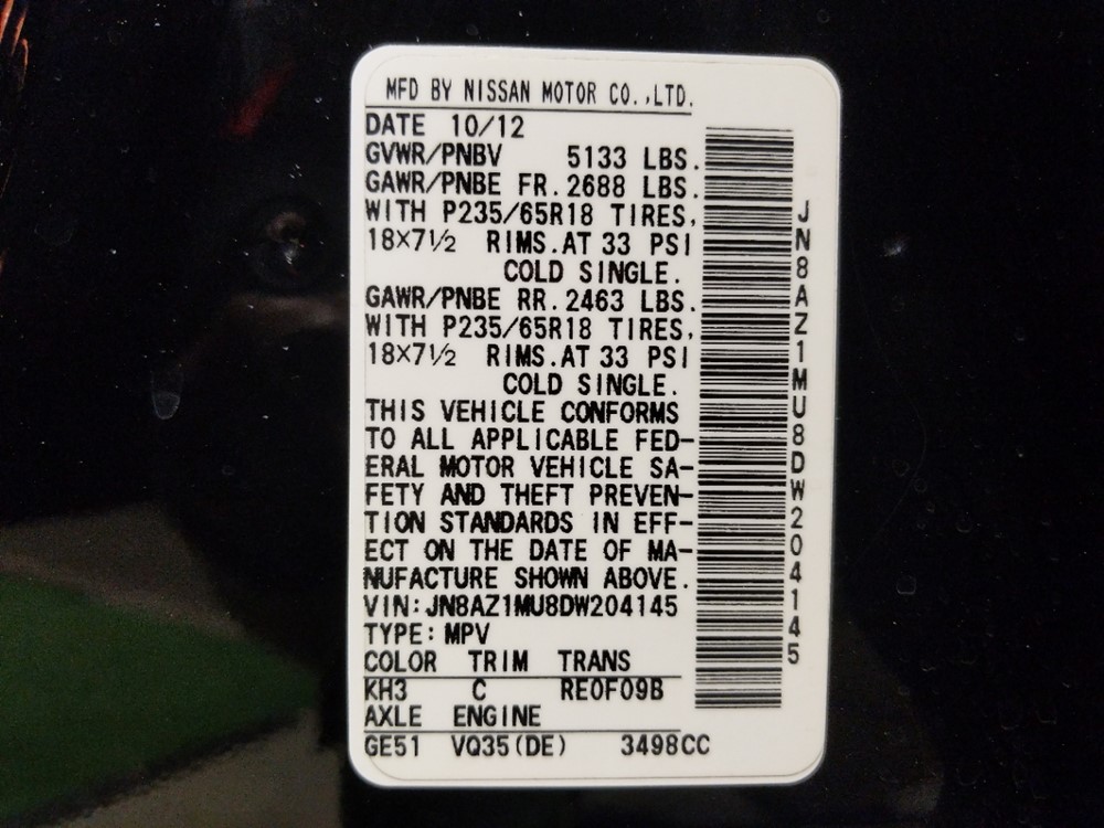 2013 Nissan Murano - VIN Plate