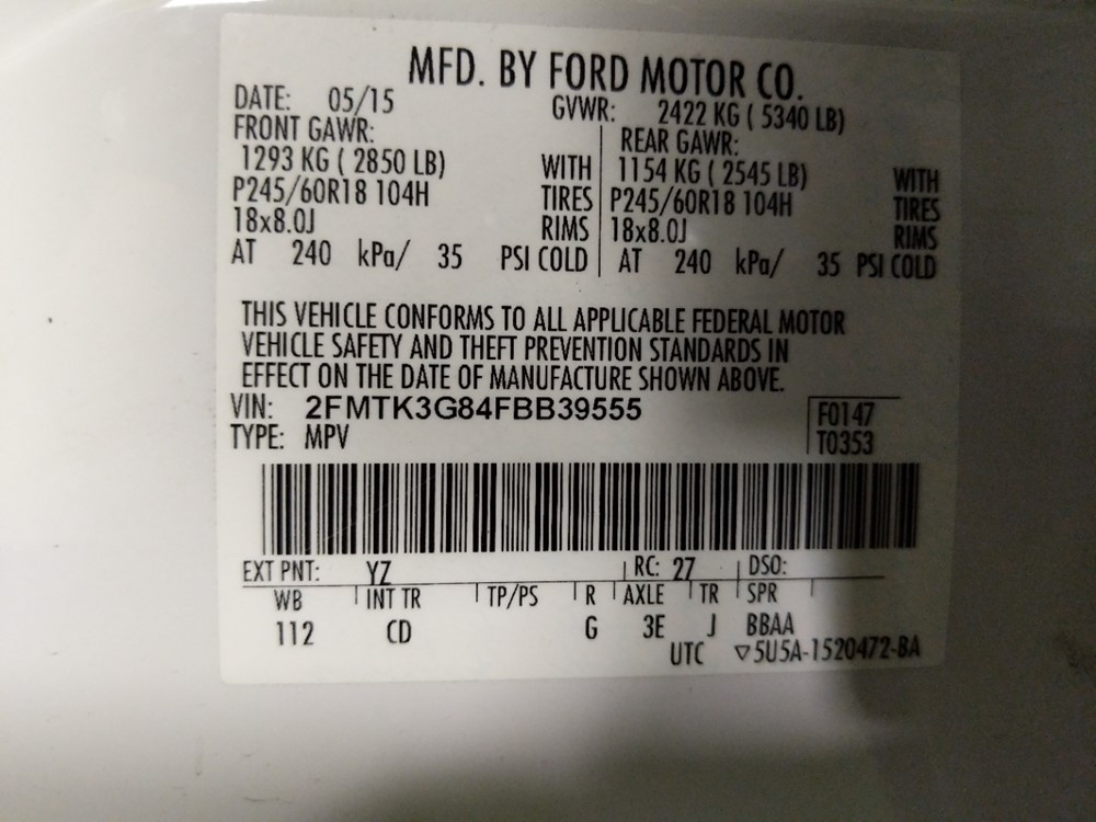 2015 Ford Edge - VIN Plate