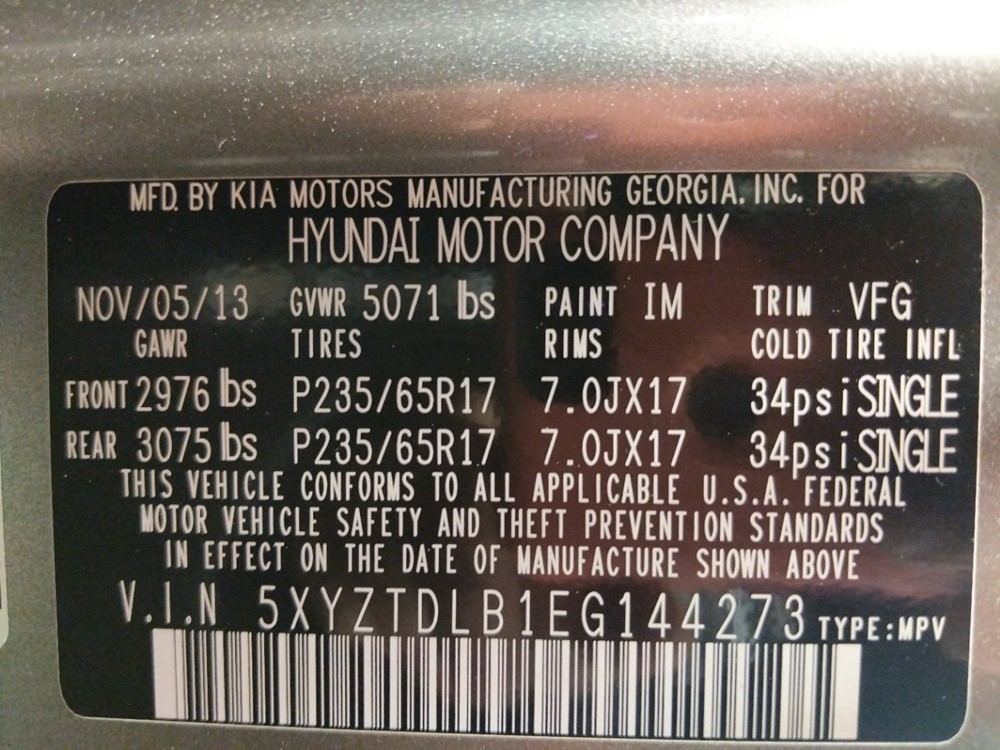 2014 Hyundai Santa Fe - VIN Plate