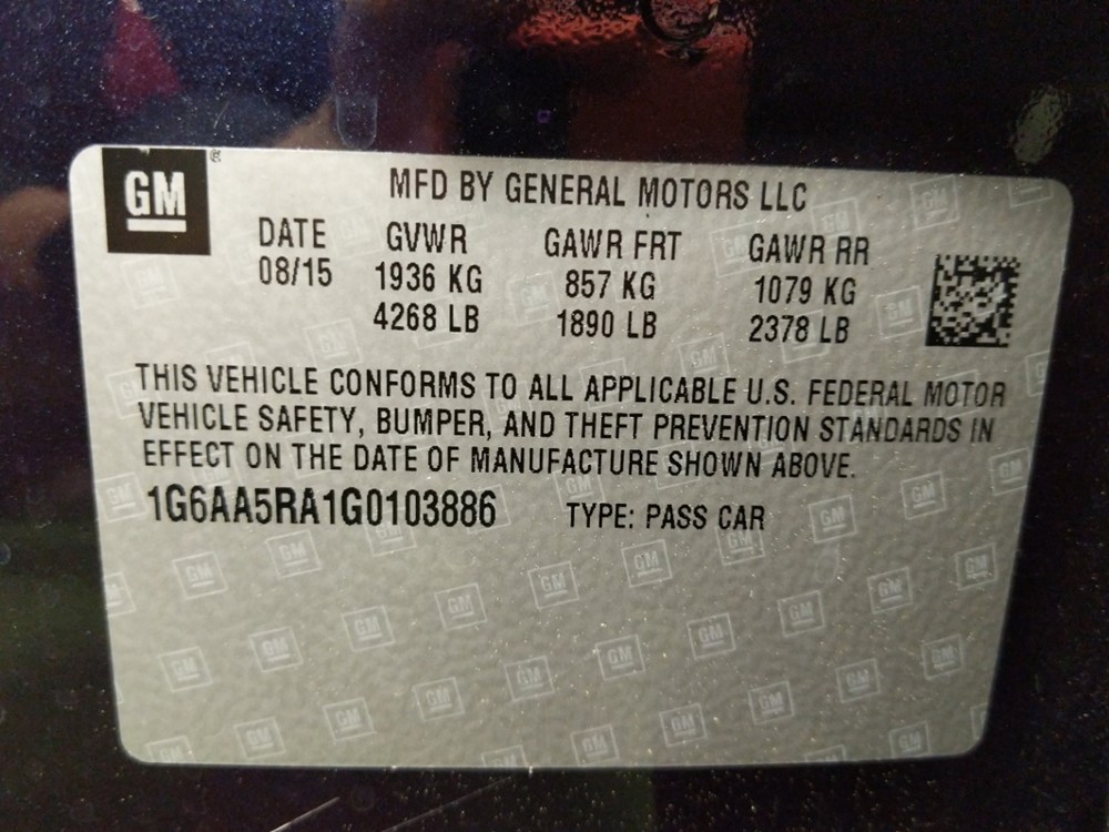 2016 Cadillac ATS - VIN Plate