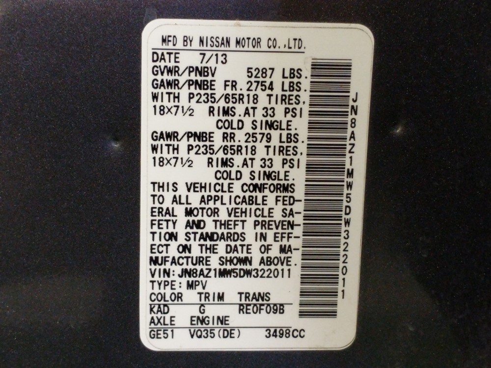 2013 Nissan Murano - VIN Plate