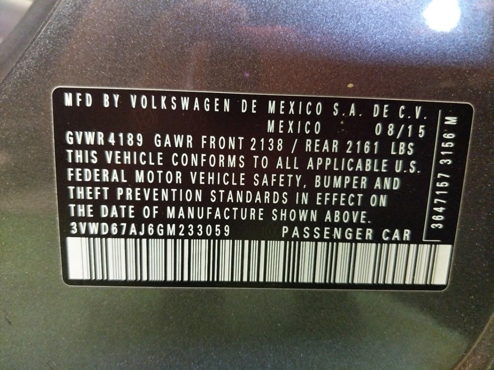 2016 Volkswagen Jetta - VIN Plate