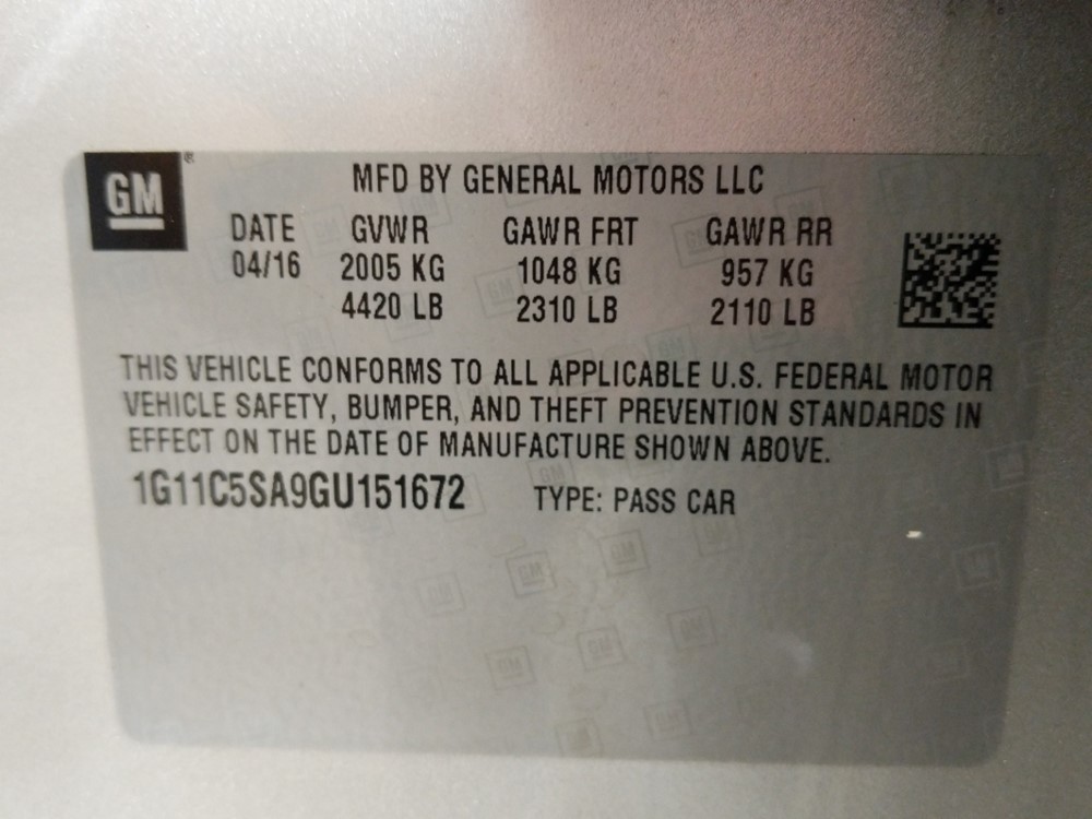 2016 Chevrolet Malibu - VIN Plate