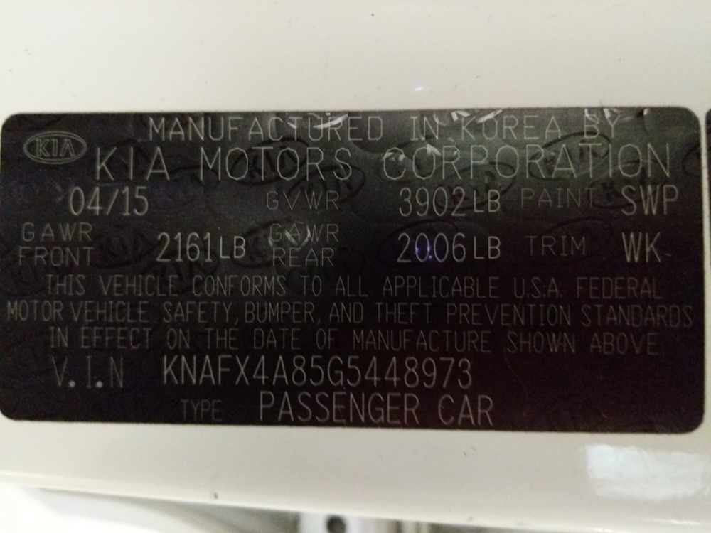 2016 Kia Forte - VIN Plate