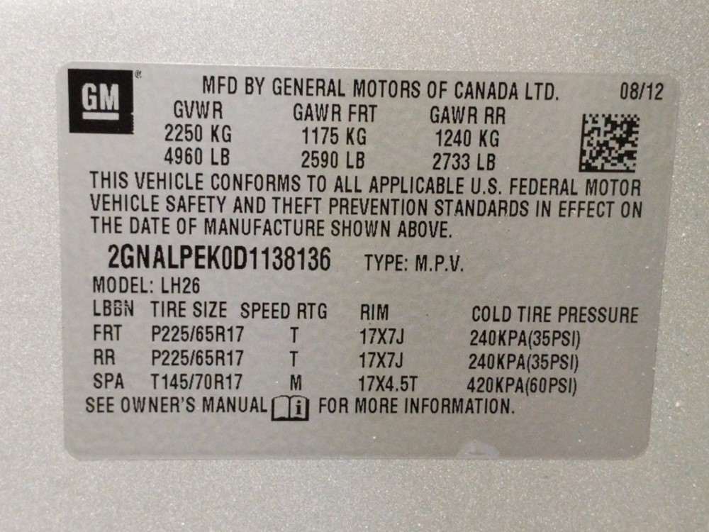 2013 Chevrolet Equinox - VIN Plate