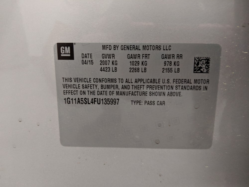 2015 Chevrolet Malibu - VIN Plate