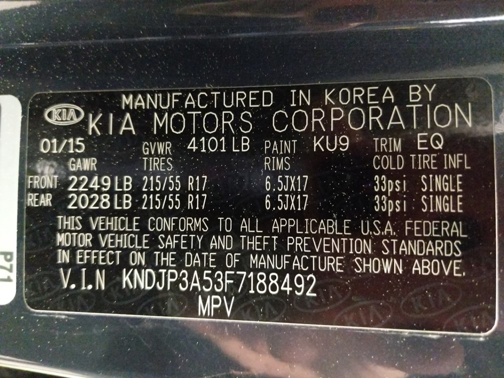 2015 Kia Soul - VIN Plate