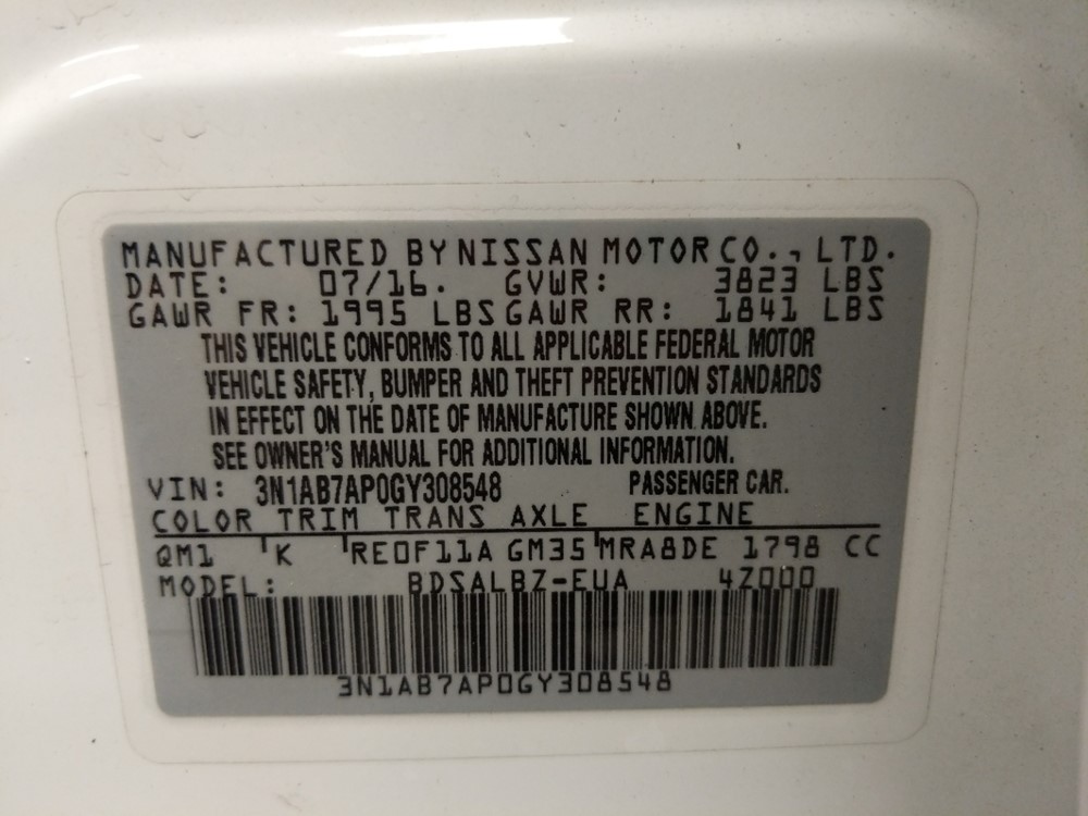 2016 Nissan Sentra - VIN Plate