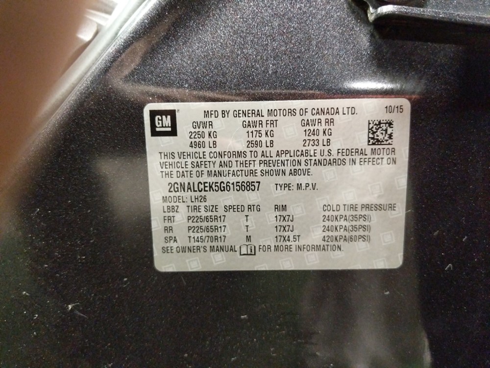 2016 Chevrolet Equinox - VIN Plate